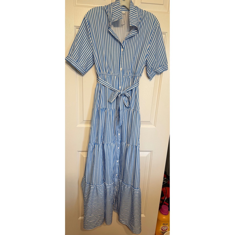 Blue White Striped Button Down Tiered Maxi Dress Short Sleeve Collared Large